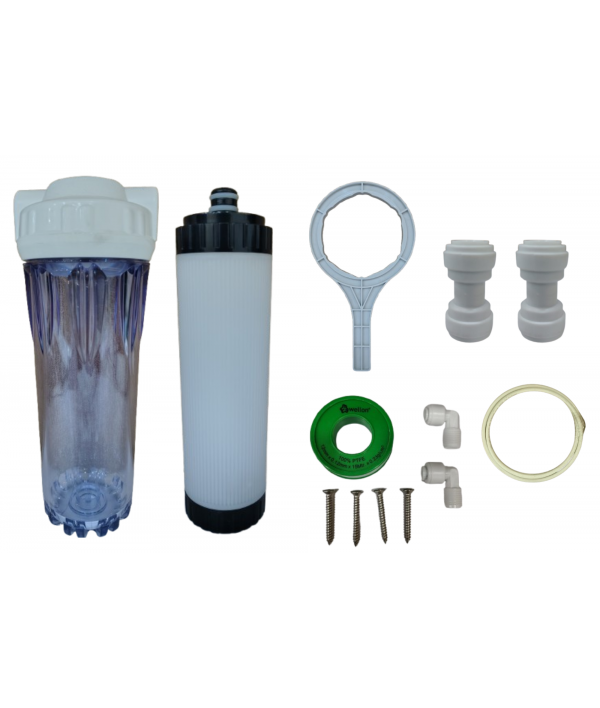 Wellon 10-Inch Washable UF Filter Kit with Transparent Housing – Includes UF Filter, 10” Clear Housing, Bracket, Spanner, Elbow Connectors, Teflon Tape & 4 Meter 3/8” CCK Pipe – for Pre-Filtration